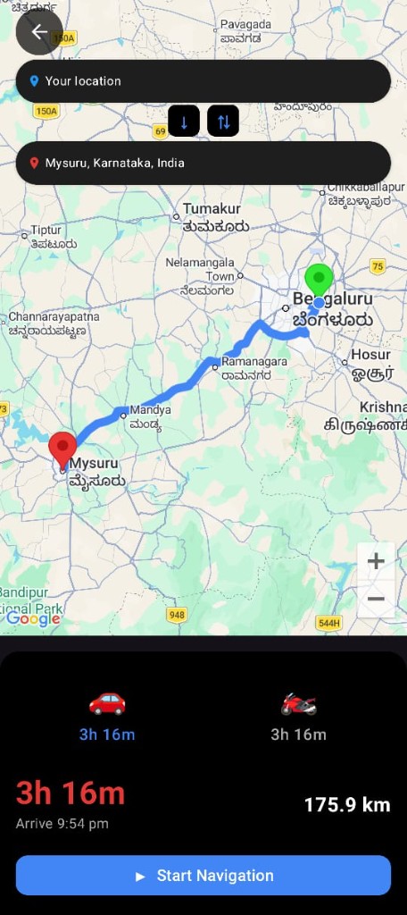 VocalRoute route preview from Bengaluru to Mysuru with start navigation