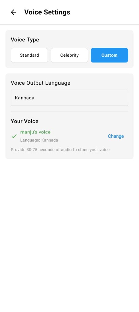 VocalRoute voice settings with custom cloned voice in Kannada